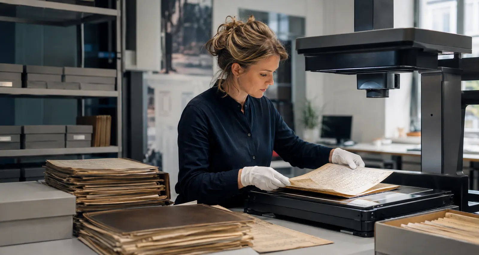 Specialist digitaliseert historische archiefstukken met een professionele archiefscanner