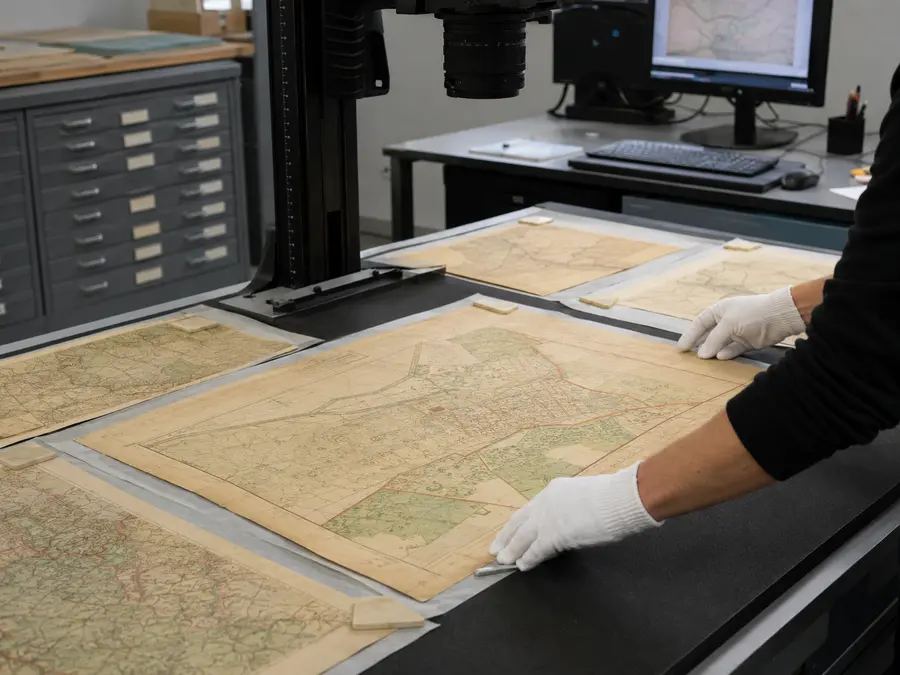 Historische kaarten en plattegronden onder een archiefcamera