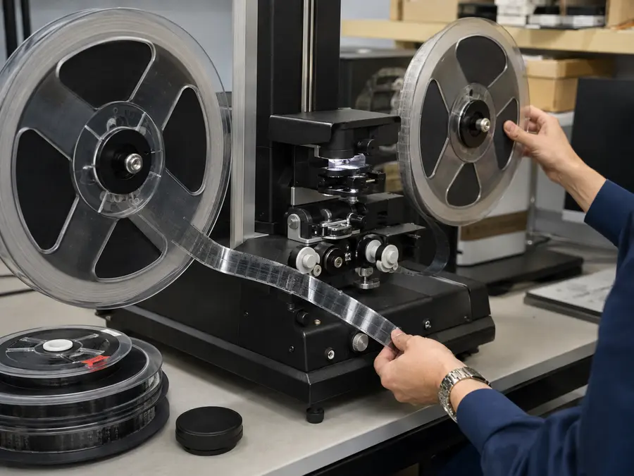 Microfilmrollen in een professionele microfilmscanner