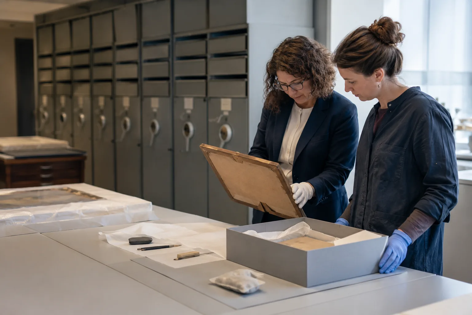 Museumprofessional en restaurator onderzoeken een collectieobject