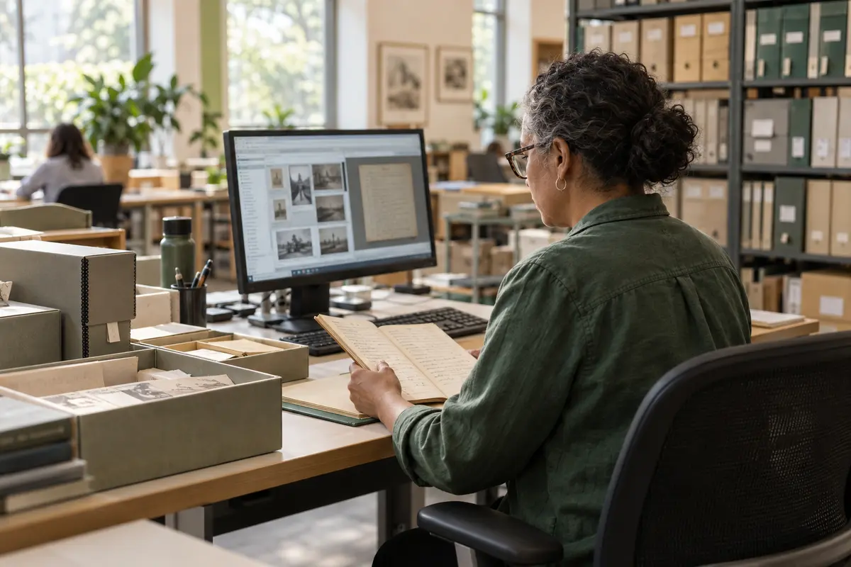 Archivaris controleert fysieke bronnen naast digitale collectieregistratie