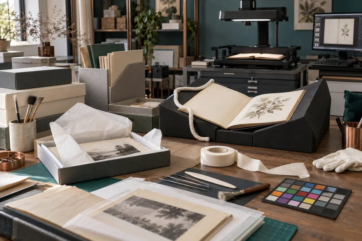 Boeksteun, archiefmaterialen en opnameapparatuur voor zorgvuldige digitalisering