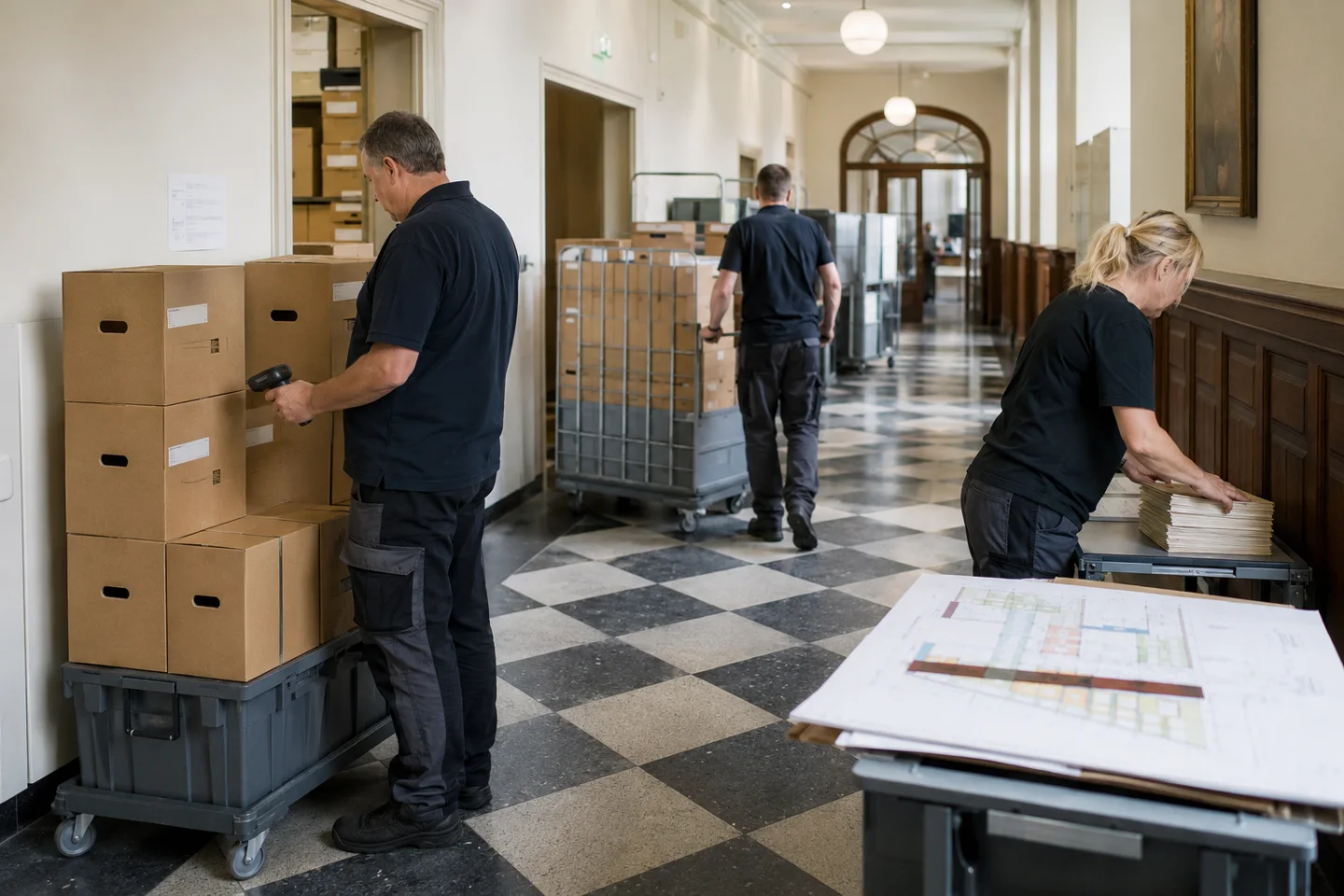 Archiefverhuizers registreren dozen en transporteren rolcontainers