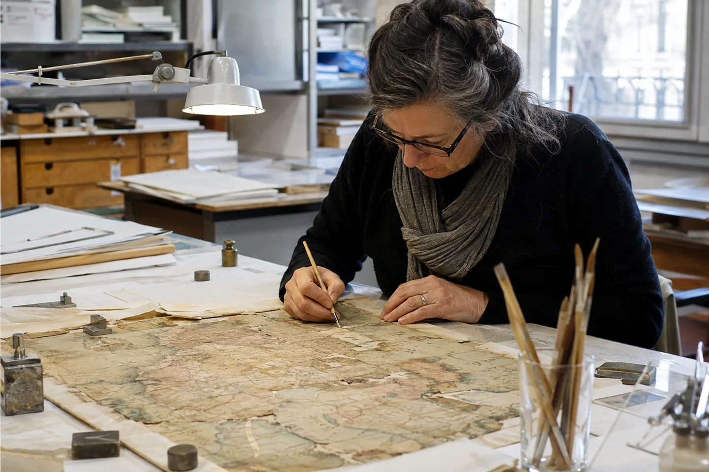 Restaurator herstelt een historische kaart in een papieratelier